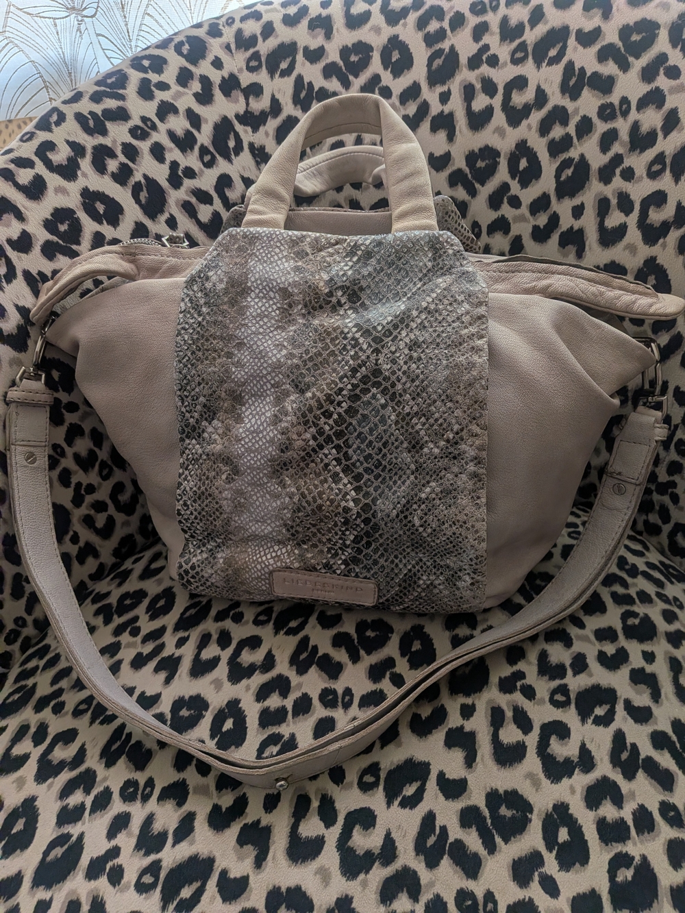 Liebeskind Berlin Baraka satchel is crafted from beige leather Snake Pattern